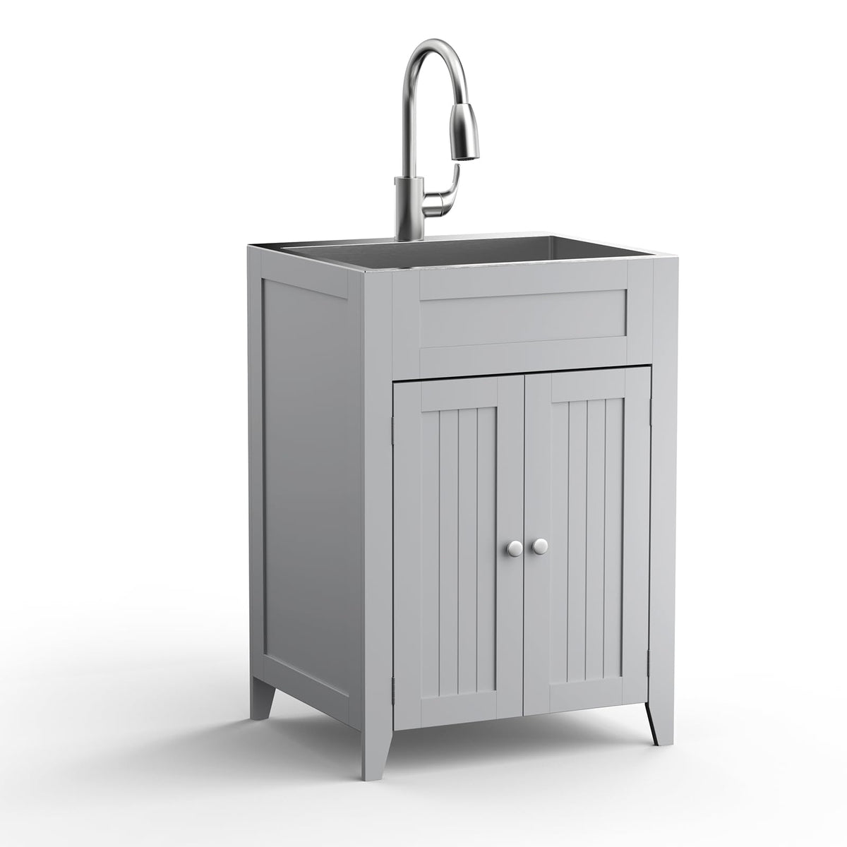 Vingli 24-Inch Laundry Sink With Cabinet And Pull-Out Sprayer Faucet, Stainless Steel Utility Sink With Cabinet, Grey Cabinet Wi