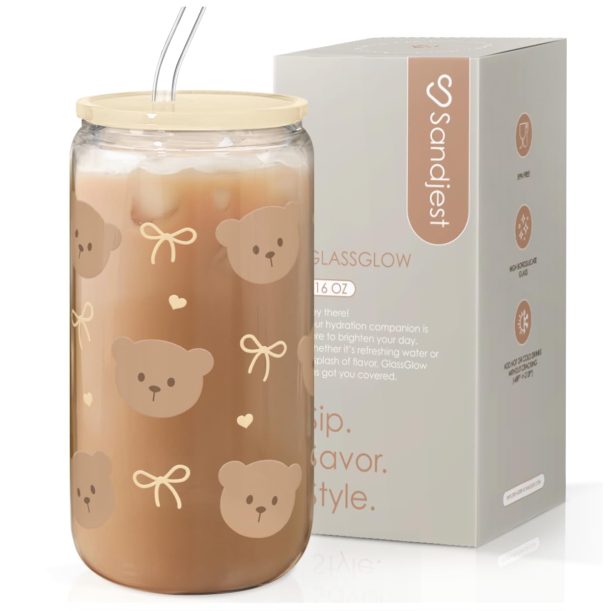 Bear Glass Can, Iced Coffee Aesthetic Cup, Gift for Christmas Birthday, Gifts for Women Girls, 16oz