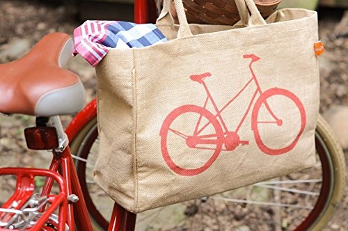 Kaf Home Jute Market Tote Bag With Bicycle Print, Durable Handle, Reinforced Bottom And Interior Zipper Pocket, Generous Capacit