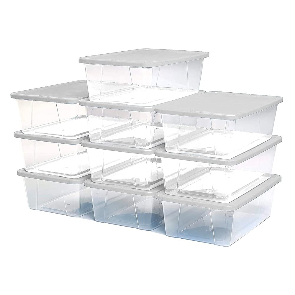 Homz 10 Pack Storage Bins, Clear Plastic Organizing Containers W/White Lids, 6 Quart