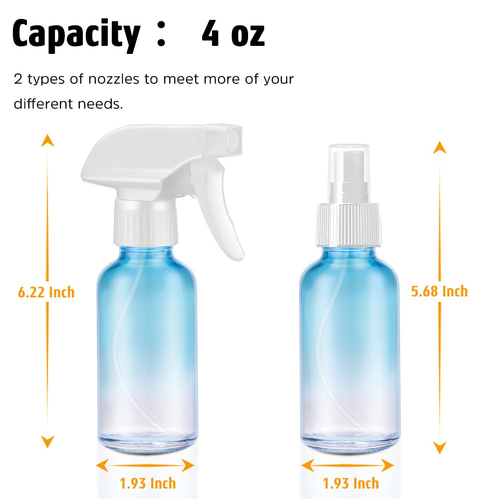 Tecohouse Glass Spray Bottles 4 Oz, 2 Pack Spray Bottles For Hair Empty Refillable Fine Mist Sprayer With Labels, Funnel, Pipett
