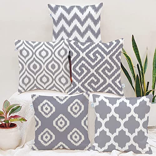 Stitchnest Grey Geometrical Ikat Ethnic Printed Poly Cotton Cushion Covers, Grey Set Of 5 (12 X 12 Inches With Fillers)
