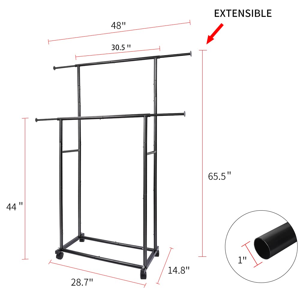 Fishat Black Simple Standard 2 Double Rod Clothing Metal Garment Rack For Hanging Clothes, Rolling Clothes Organizer With Mobile