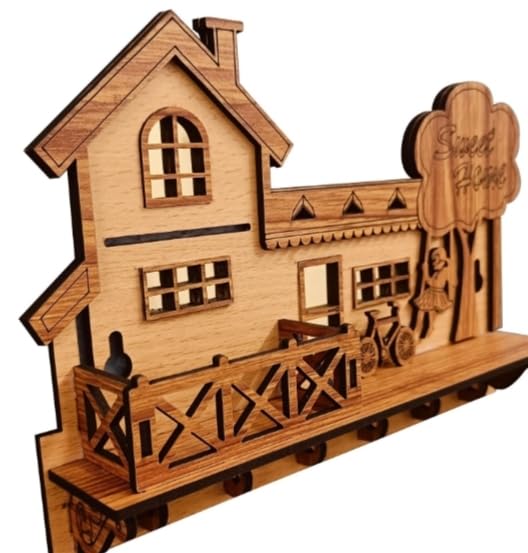 Wooden Sweet Home Wall Key Holder, Natural Brown, 10 x 7 x 2 Inches, Multiple Hooks, SpaceSaving Design