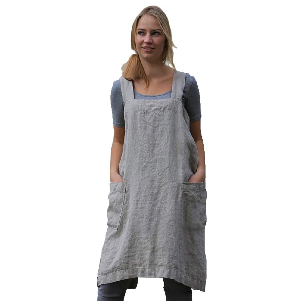 Womens Pinafore Square Apron Baking Cooking Gardening Works Cross Back Cotton/Linen Blend Dress With 2 Pockets Gray