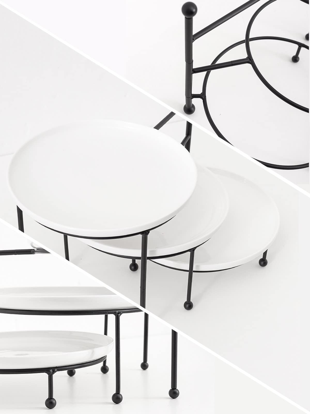 Kanwone 3 Tiered Serving Stand with White Porcelain Plates  Swivel Food Display Stand  10'' x 10'' Tier Serving Trays with Black Metal Stand for Entertaining  3 Tier Dessert Stand