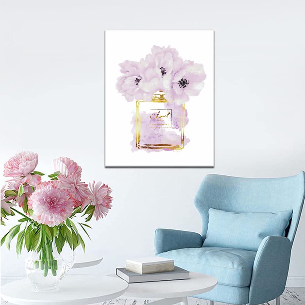 Wall Art Canvas Glam Perfume Pictures Wall Decor Purple And Gold Flowers Canvas Wall Art Girl Home Decor For Bedroom Wall Bathro