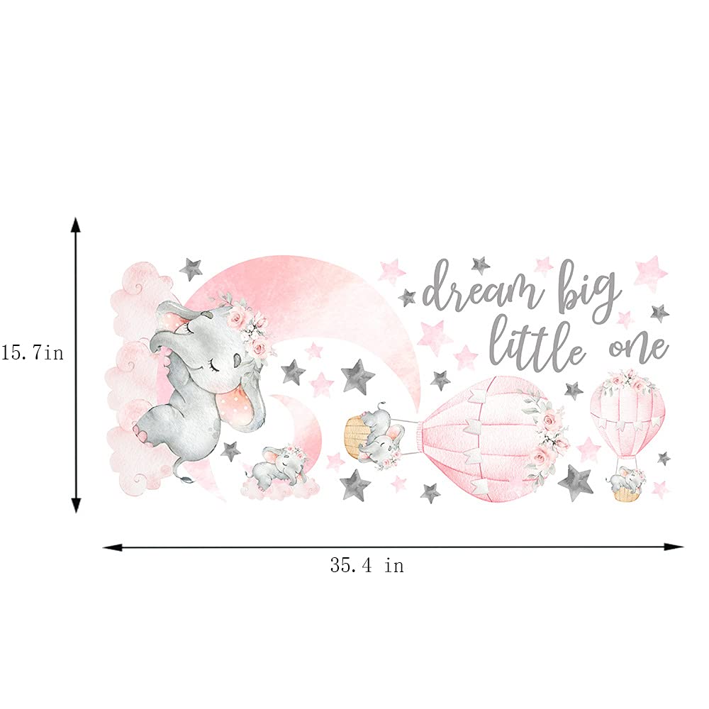 Dream Big Little One Elephant Wall Stickers  Pink Moon Hot Air Balloon Grey Stars Wall Decals for Nursery Kids Room Living Room Bedroom Decorations Home Decor