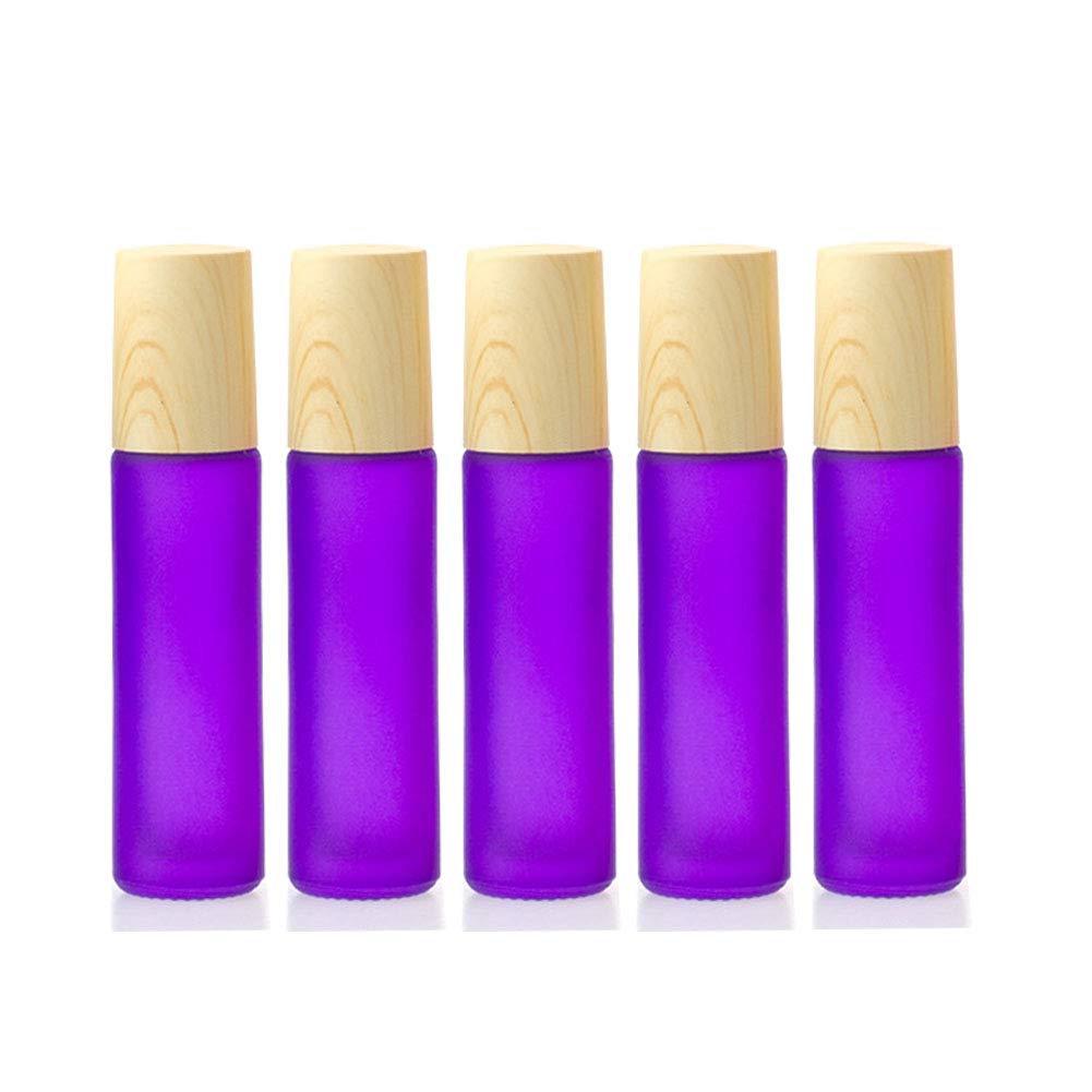 Essential Oil Roller Bottle Set, 5pc 10ml Frosted Glass with Stainless Roller Ball, Wood Grain Lid - Purple