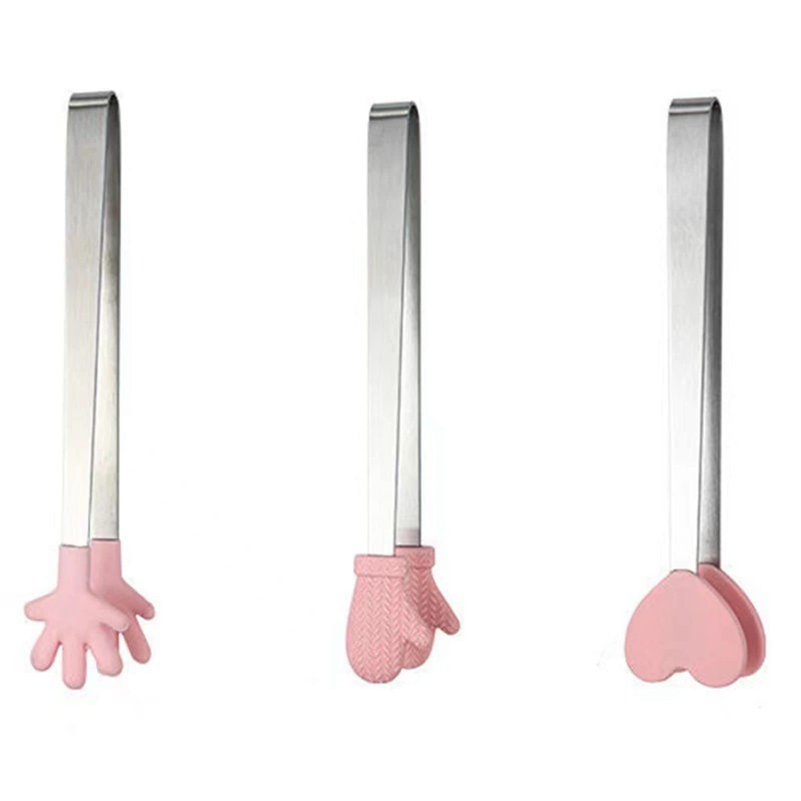 Nentment 3 Pack Mini Dessert Tongs Stainless Ice Cube Clip Pink Hand Heart Glove Shape Small Non-Slip Silicone Baking Bread Tong