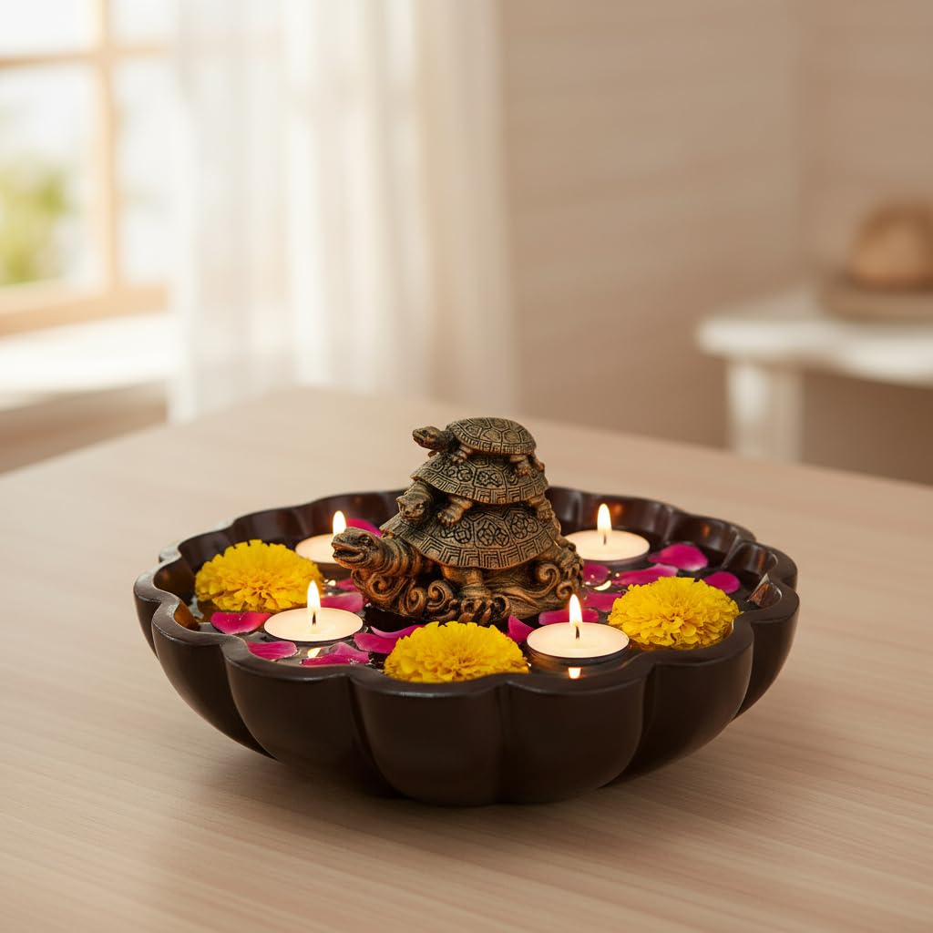 Ecraftindia Triple Tortoise Statue Urli Bowl For Home Decoration Office | Feng Shui Item For Good Luck | Urli For Floating Candl