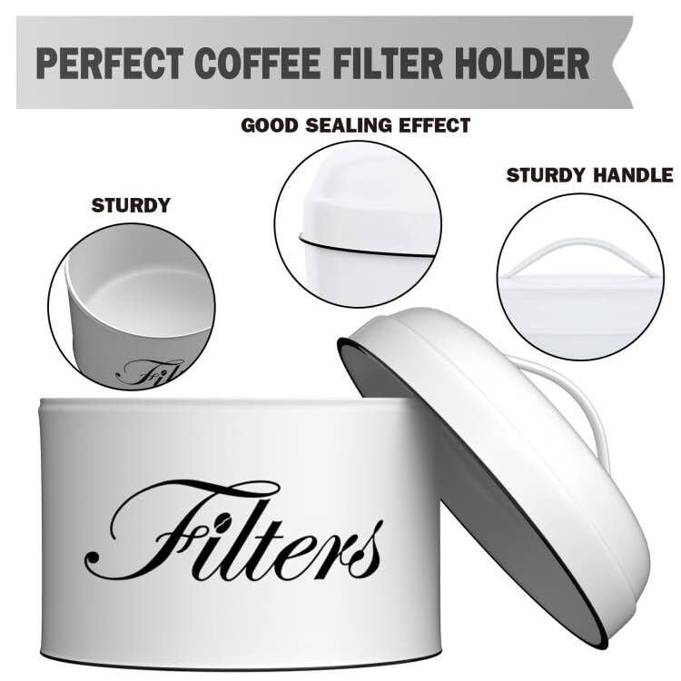 Coffee Filter Holder, White Basket Coffee Filter Storage With Lid, Round Coffee Filter Container For Counter, Rustic Farmhouse C