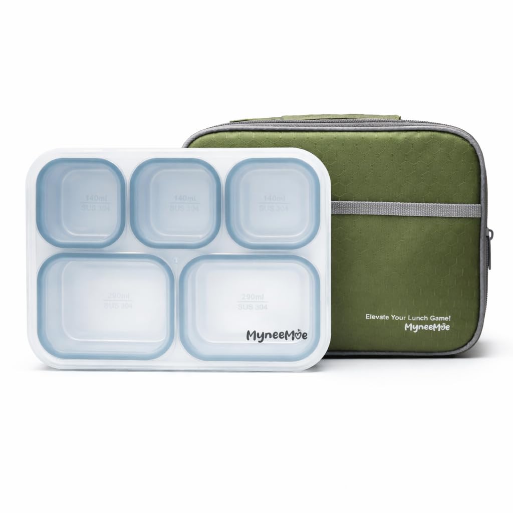 Myneemoe Meal Station Stainless Steel Lunch Box With Bag | 5 Compartment Leak Proof Tiffin Box For Office, College & Travel (Gre