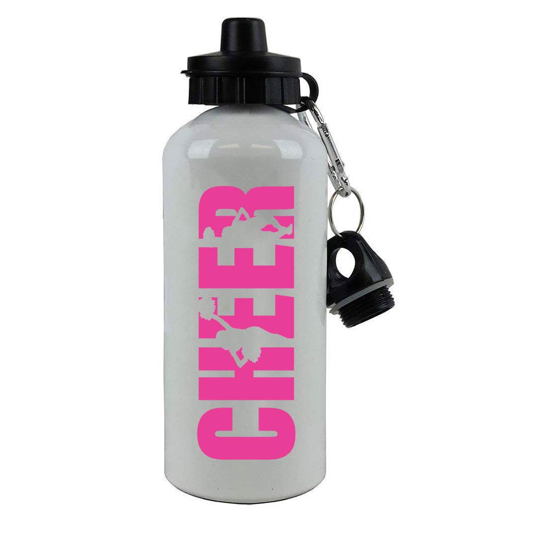 Customgiftsnow Cheer Cheerleading Aluminum White Finish 20-Ounce Sport Water Bottle, 2 Lids (Hot Pink)