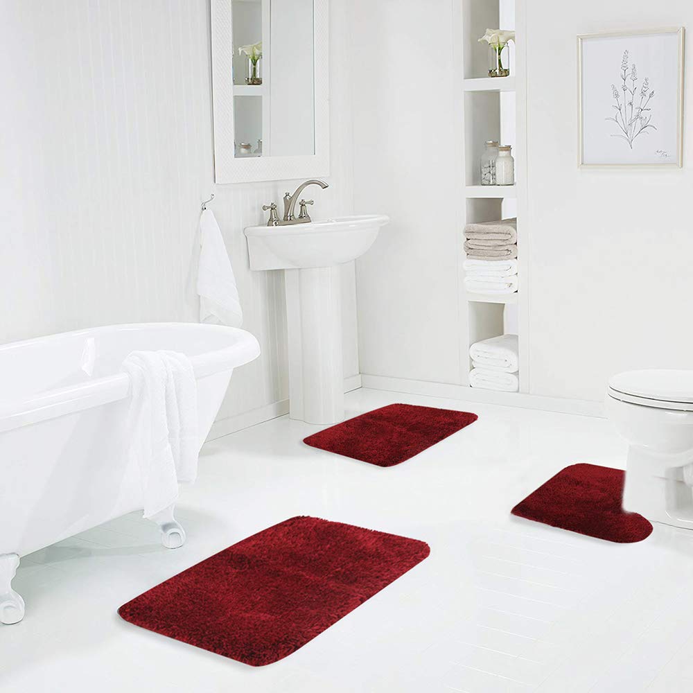 Walensee Shaggy 2 Piece Bath Rug Sets (Red) 20 X 24 U Shape Contour Rug & 20 X 32 Bathroom Rug Machine Wash/Dry Bath Mats For Ba