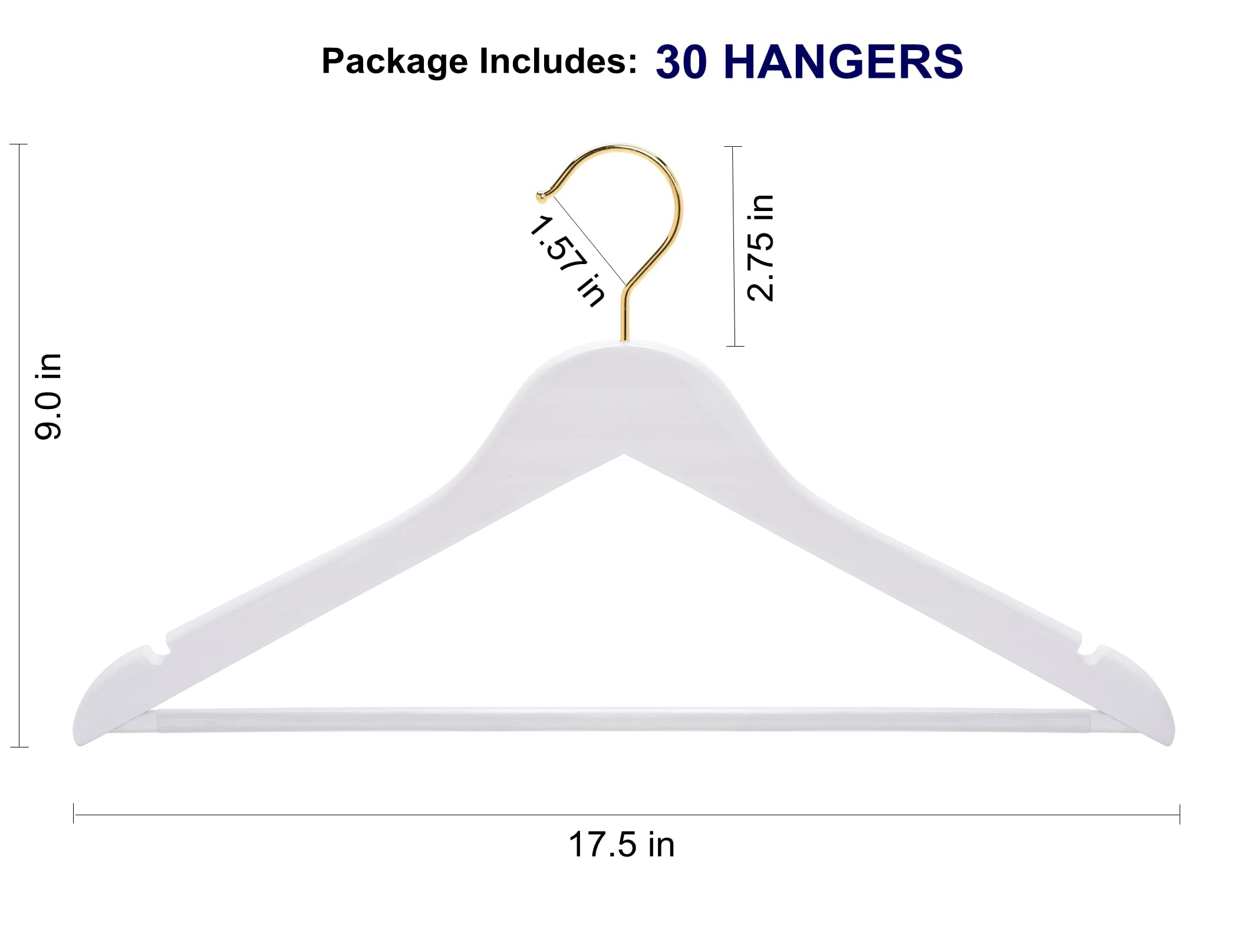 Amber Home Solid Wood Suit Coat Hangers 20 Pack  Smooth White Finish Wooden Dress Hangers with Non Slip Pant Bar  Clothes Hangers with Gold Hook & Notches for Jacket  Pant  Shirt (White+Gold  20)