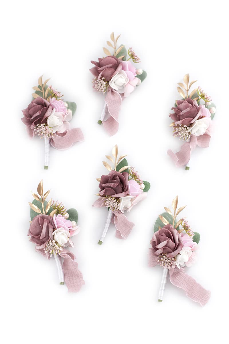 Ansofi Dusty Rose Boutonniere for Men Wedding with Pins Set of 6 Groom and Groomsmen Boutonniere for Wedding Ceremony Anniversar