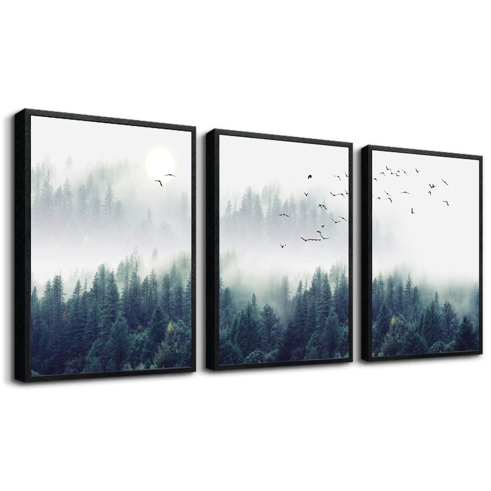 Black Framed Wall Art For Living Room Large Size Wall Decoration For Bedroom Foggy Forest Trees Landscape Painting Office Wall Decor Wall Pictures Artwork 16''X24'' Home Decor 3 Piece Framed Art Prints