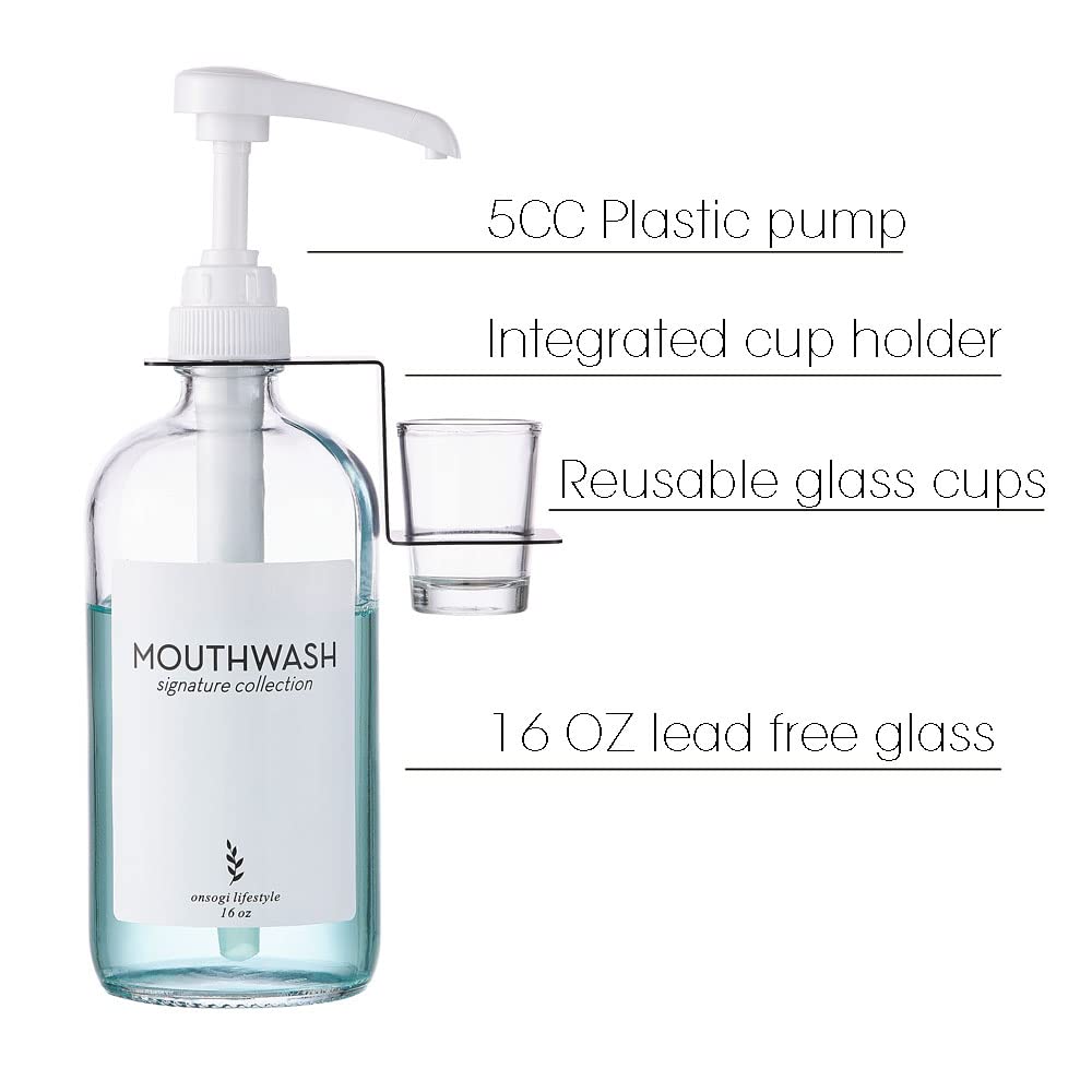 Onsogi Glass Mouthwash Dispenser With Cups Holders And Pumps, 16 Oz Rustic Boho Mouthwash Dispenser For Bathroom Farmhouse Decor