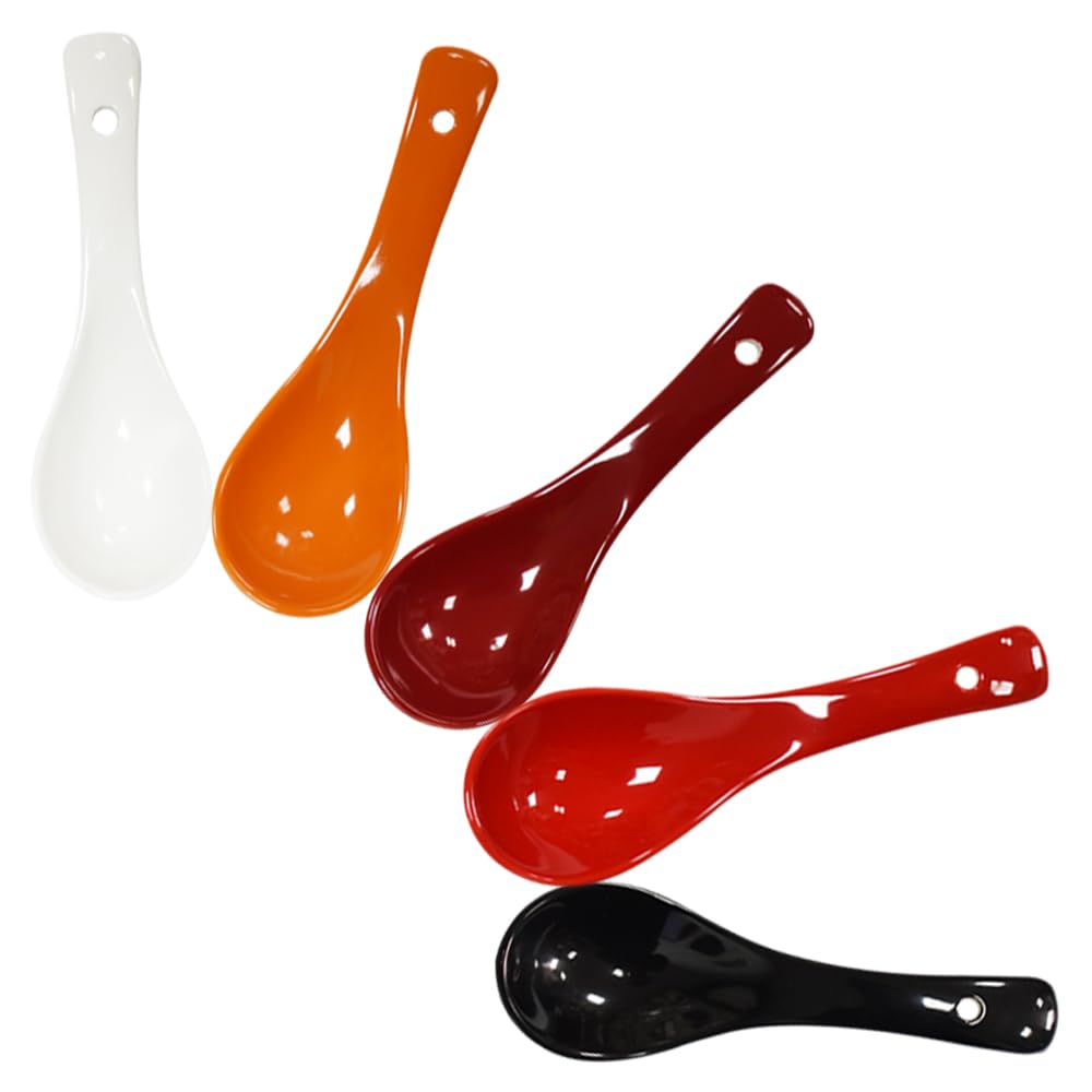 Yuauy 5 Colors Porcelain Soup Spoon RoundBottom Asia Ceramic Rice Spoons Chinese Won Ton Spoons One of each color for Home Kitc