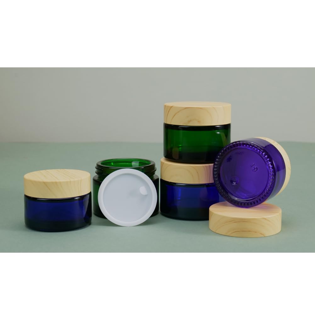 4Pack 50G Green Glass Cosmetic Cream Jars,Empty Sample Jars Containers Pot With Wood Grain Lids For Lotion,Cream,Lip Balm,Eye Cr