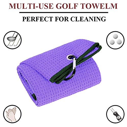 Vividly 2 Pack Tri-Fold Golf Towels, Premium Microfiber Fabric Waffle Pattern With Black Heavy Duty Carabiner Clip, Purple Golf