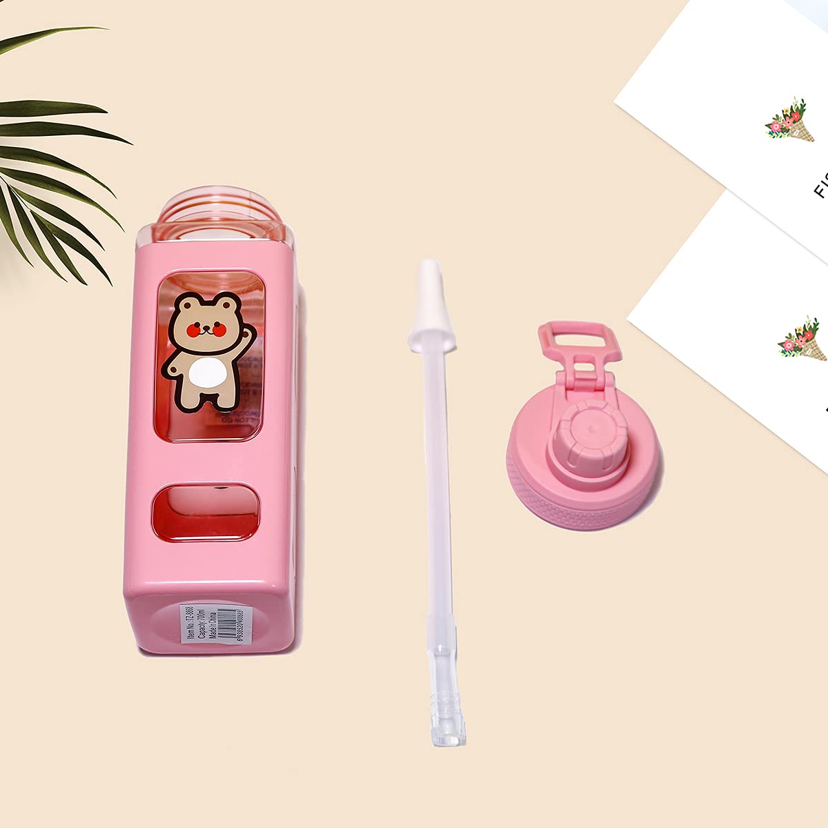 Pexizuan Kawaii Bear Water Bottle With Straw Sport Plastic Portable Square Drinking Bottle For Girl Cute Juice Tea Water Cups 70