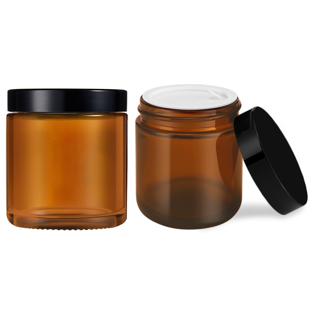 4 Oz Small Glass Containers With Black Lids, Tecohouse 2 Pack Amber Glass Jars & Inner Liners, Mini Travel Toiletries Container
