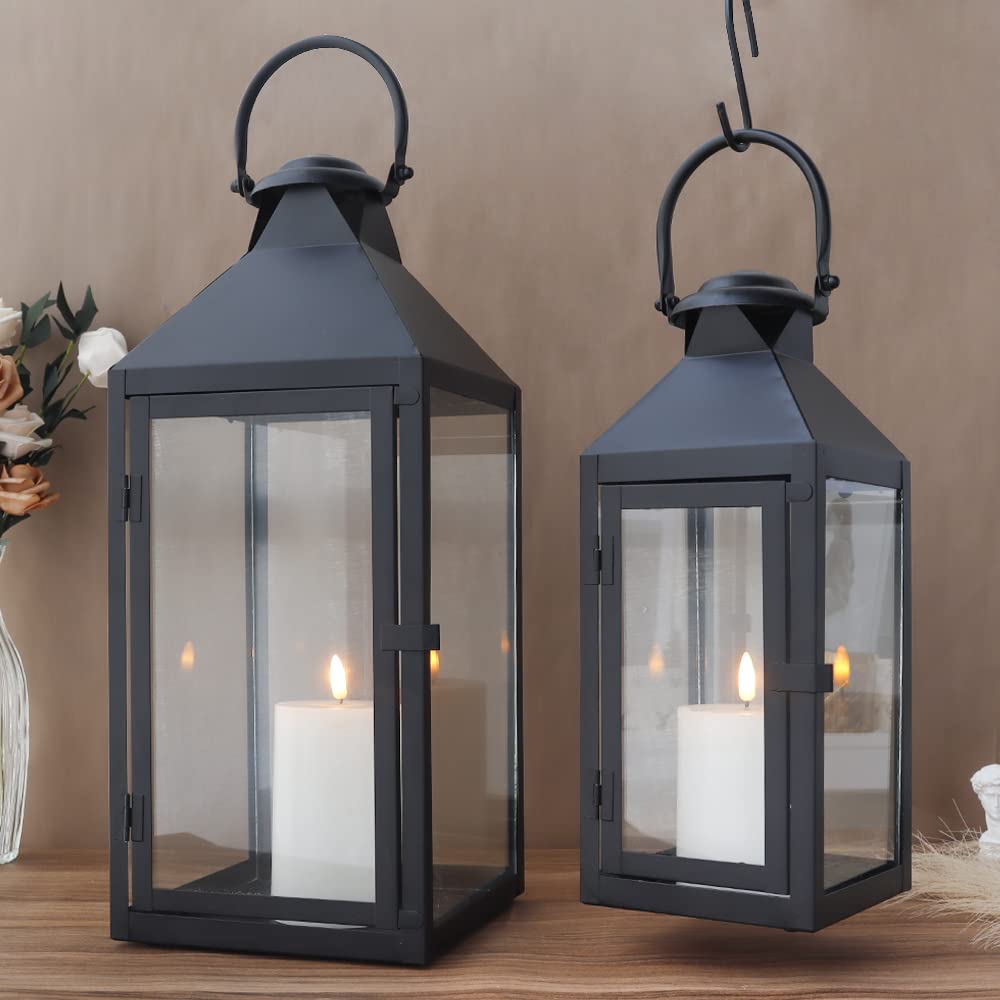 JHY DESIGN Set of 2 Black Decorative Lanterns 17.5inch&13.5inch Metal Candle Lanterns for Indoor Outdoor Events Paritie and Wedd