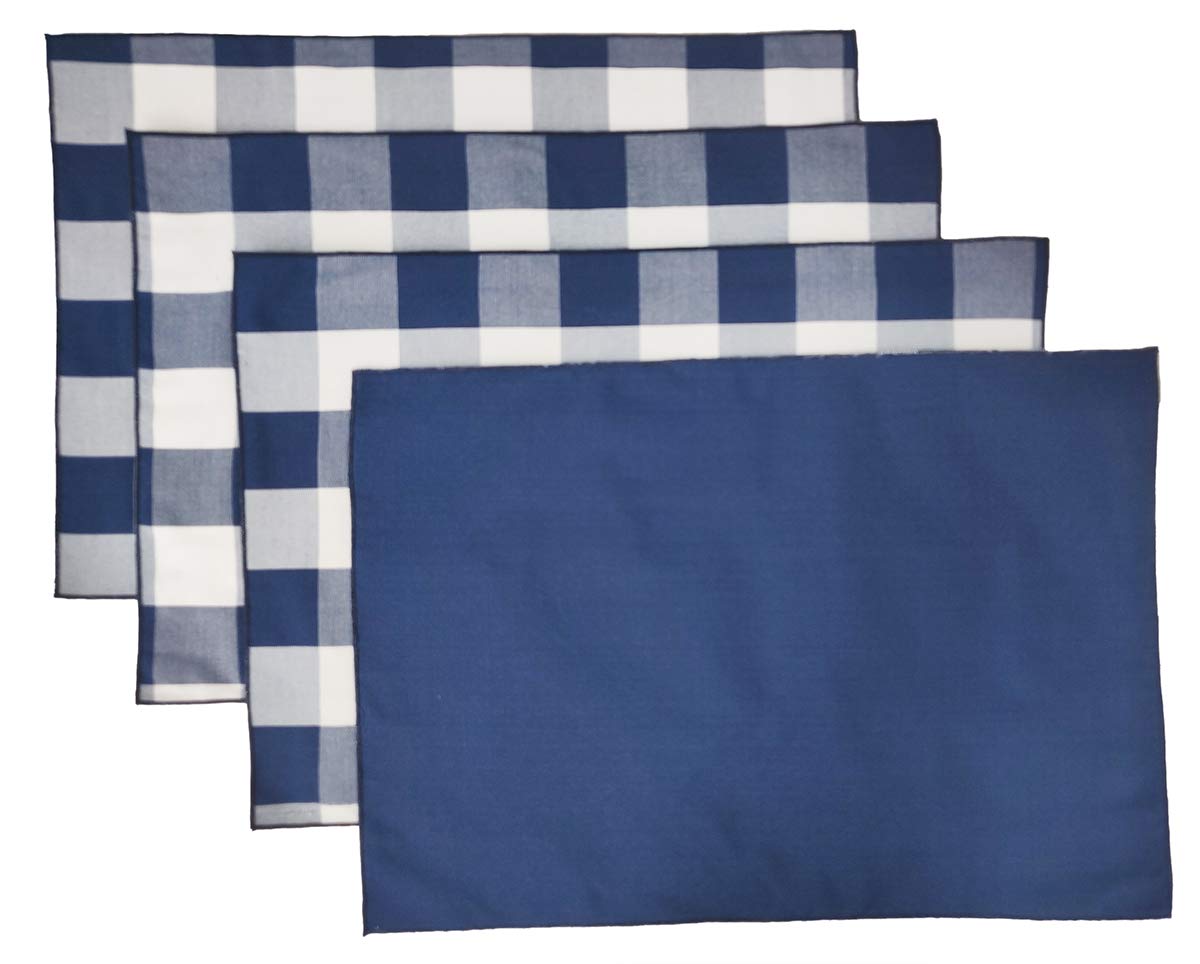 Fennco Styles Buffalo Check Double Layers Reversible Placemats 14'' W X 20'' L, Set Of 4 - Handmade In Usa - Navy Blue Plaid Tab
