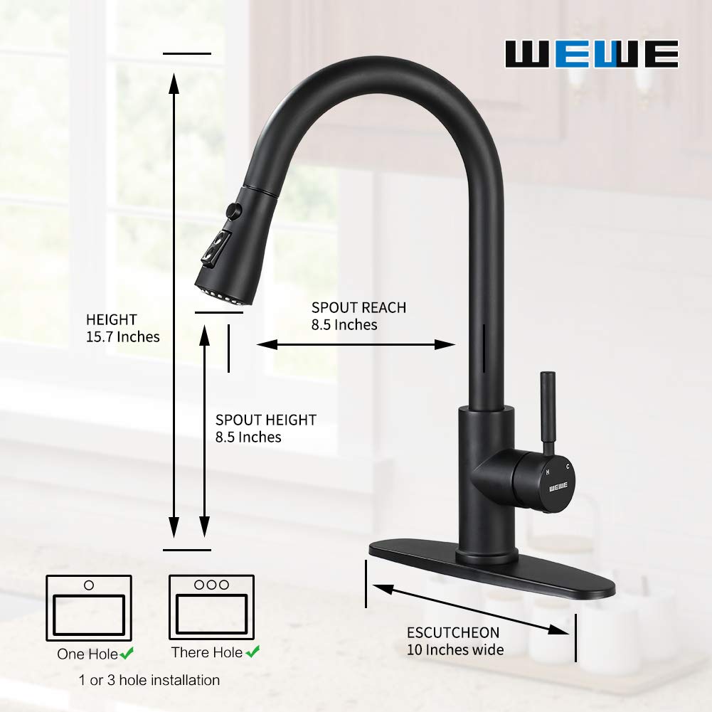 Black Kitchen Faucet  Kitchen Faucets with Pull Down Sprayer WEWE Commercial Stainless Steel Single Handle Single Hole Kitchen Sink Faucet