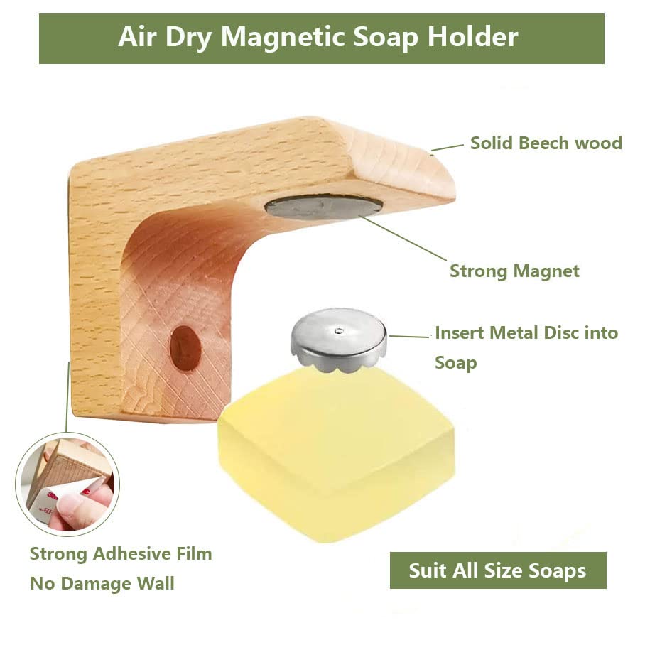 (2Sets) Wood Magnetic Bar Soap Holder For Shower Wall,Magnet Air Dry Soap Saver Self Draining, Eco-Friendly Wooden Soap Dish For
