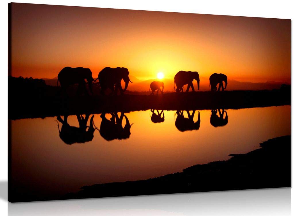 African Sunset Elephants Nature Wildlife Canvas Wall Art Picture Print (36X24In)