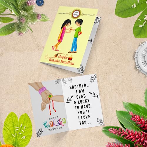 KivStar Rakhi for Brother & Sister with Printed Ceramic Mug and Keychain Combo |Pack of 5 (Greeting Card, Roli Chawal, Rakhi, Pr