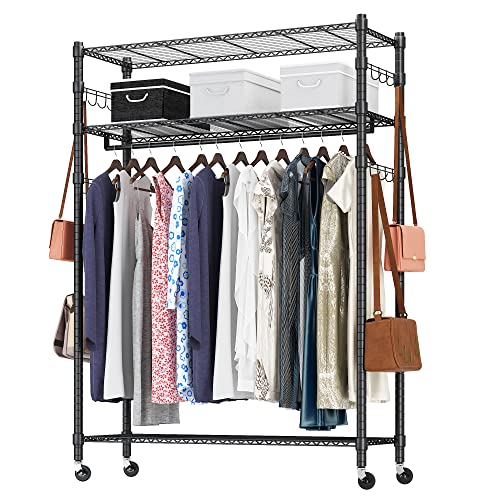 Heavy Duty Clothes Rack, Adjustable Rolling Garment Rack With Shelves, Freestanding Wardrobe Rack 1 Clothes Hanging Bar, 3 Tired