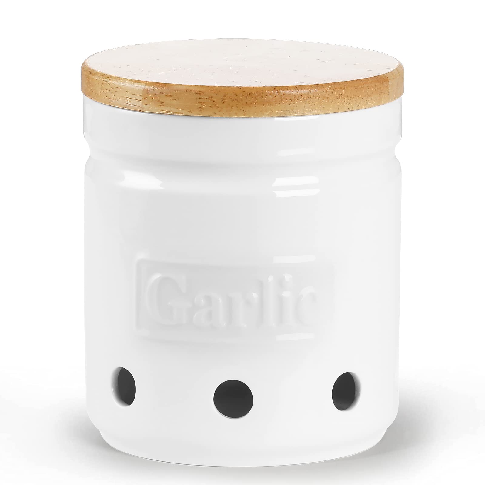 Ontube Large Garlic Keeper With Wooden Lid, Ceramic Garlic Holder Storage, Garlic Container For Kitchen, Garlic Saver To Keep Yo