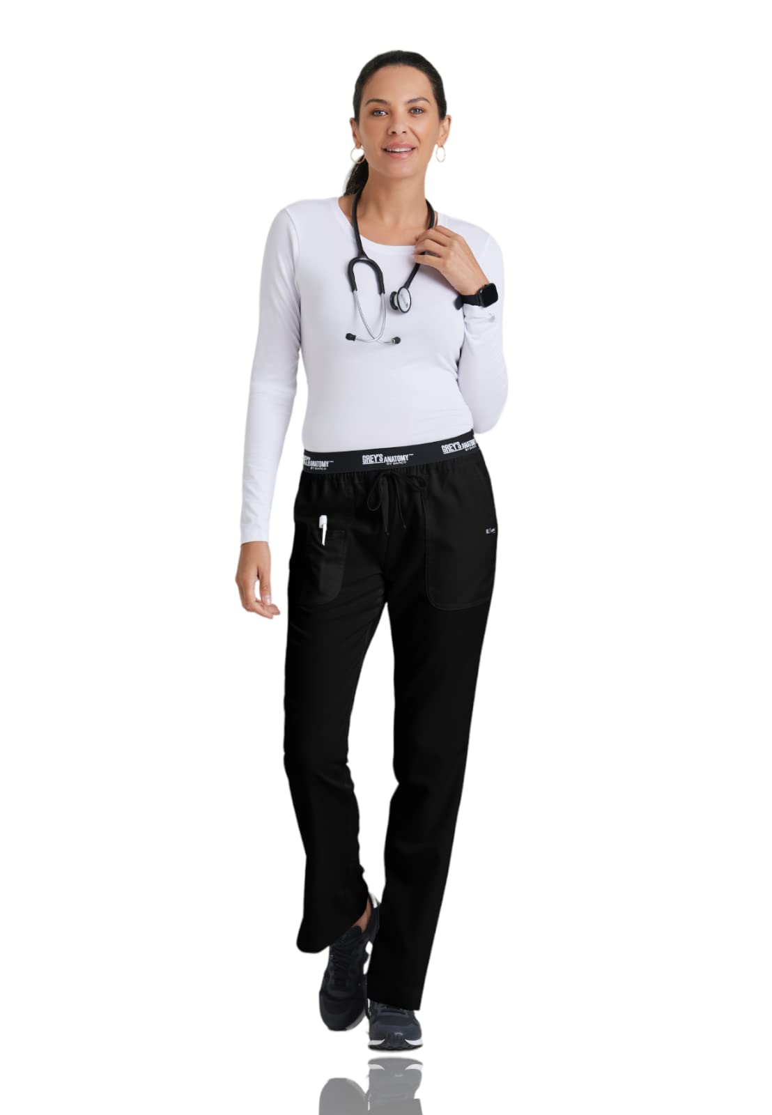 Greys Anatomy 4275 3 Pkt Logo Waist Pant With Drawstring (Black, Medium Petite)