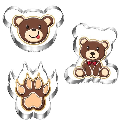 Lubtosmn Bear Cookie Cutter Set-3 Piece-Bear Head, Bear Paw And Bear-Diswasher Safe-Cookie Cutters Shapes For Baby Shower Birthd