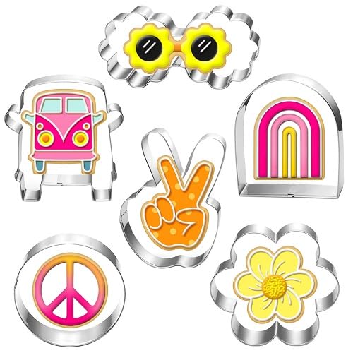 Lubtosmn Large Groovy Cookie Cutter Set-6 Piece-Vw Van, Peace Hand, Daisy, Floral Sunnies, Rainbow And Circle-Diswasher Safe-Coo