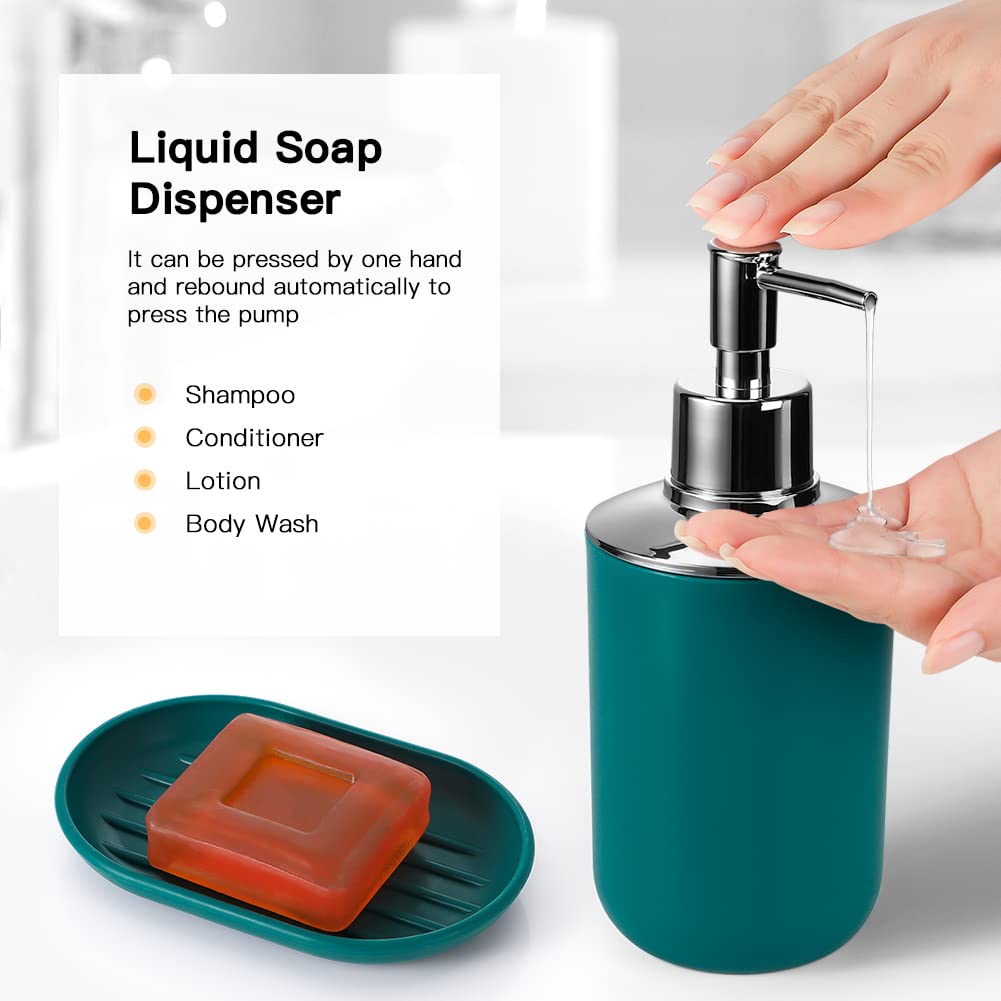 Otostar Bathroom Accessories Set 6 Piece Housewarming Gifts Set Plastic Bathroom Accessory Set Includes Toothbrush Holder Soap Dispenser Tumbler Soap Dish Toilet Brush Holder Trash Can (Dark Green)