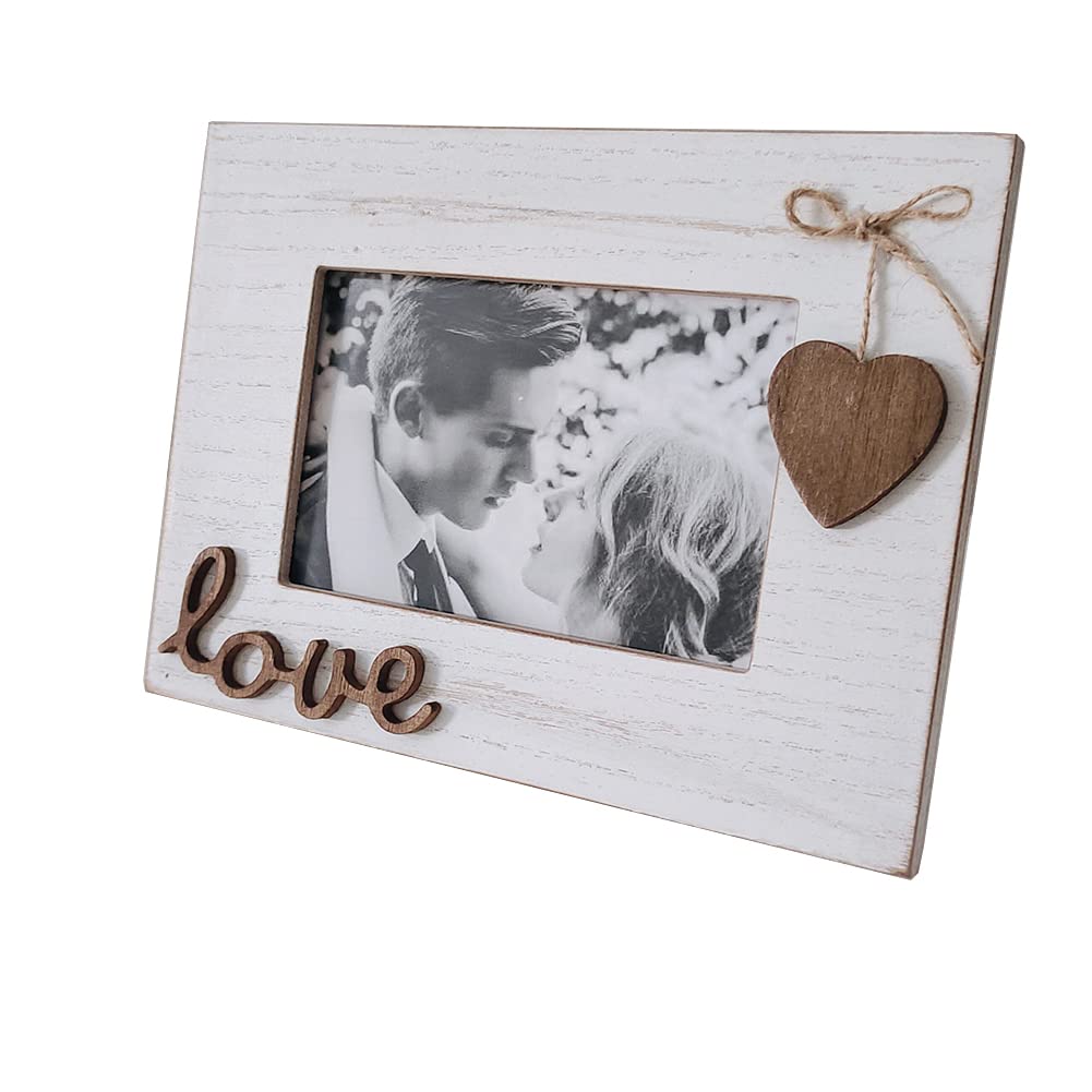 Simelecor 4x6 Love Picture Frame Horizontal White with Heart for Table Top and Wall Mounting-Distressed Wooden Photo Frame HD Gl
