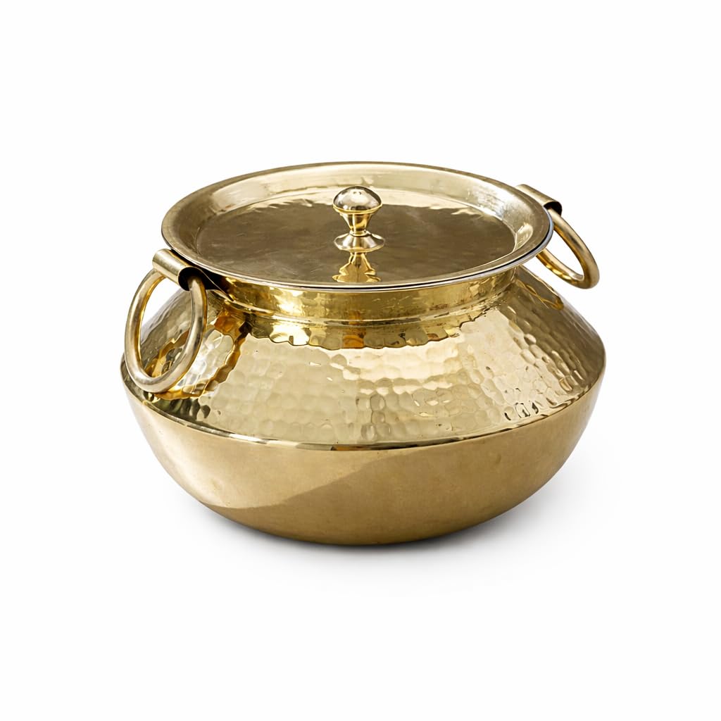 PTAL 3.2 Qt Pure Brass Stock Pot with Brass Lid, Naturally NonStick TinLined Interior, PTFE & PFOA Free, Handcrafted Hammered 