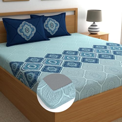 Dreamscape Printed 100% Cotton King Fitted Bedsheet With 2 Pillow Covers - (Size 72 X 78 Inches, 140 Tc, Colour - Blue: Ocean De