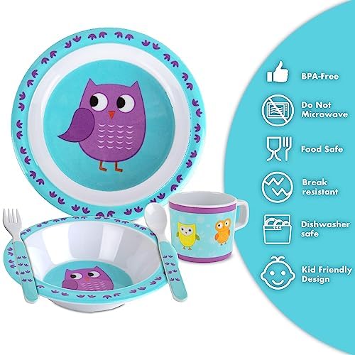 5 Pc Mealtime Baby Feeding Set for Kids and Toddlers - Includes Plate, Bowl, cup, Fork and Spoon Utensil Flatware - Durable, Dis