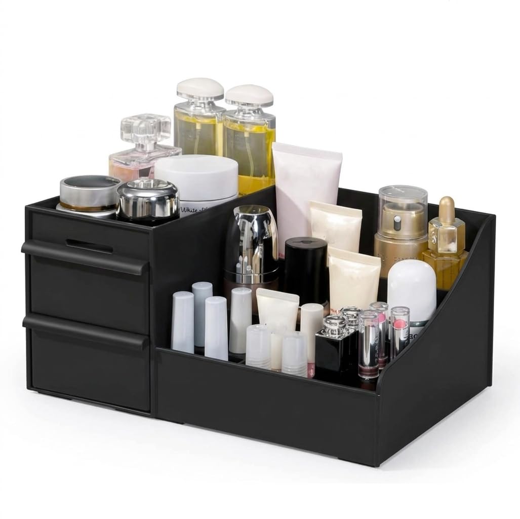 Inovera Makeup Organizer With Drawers | Countertop Cosmetics Display Case For Dressing Table | Vanity Storage Holder Box (Black)