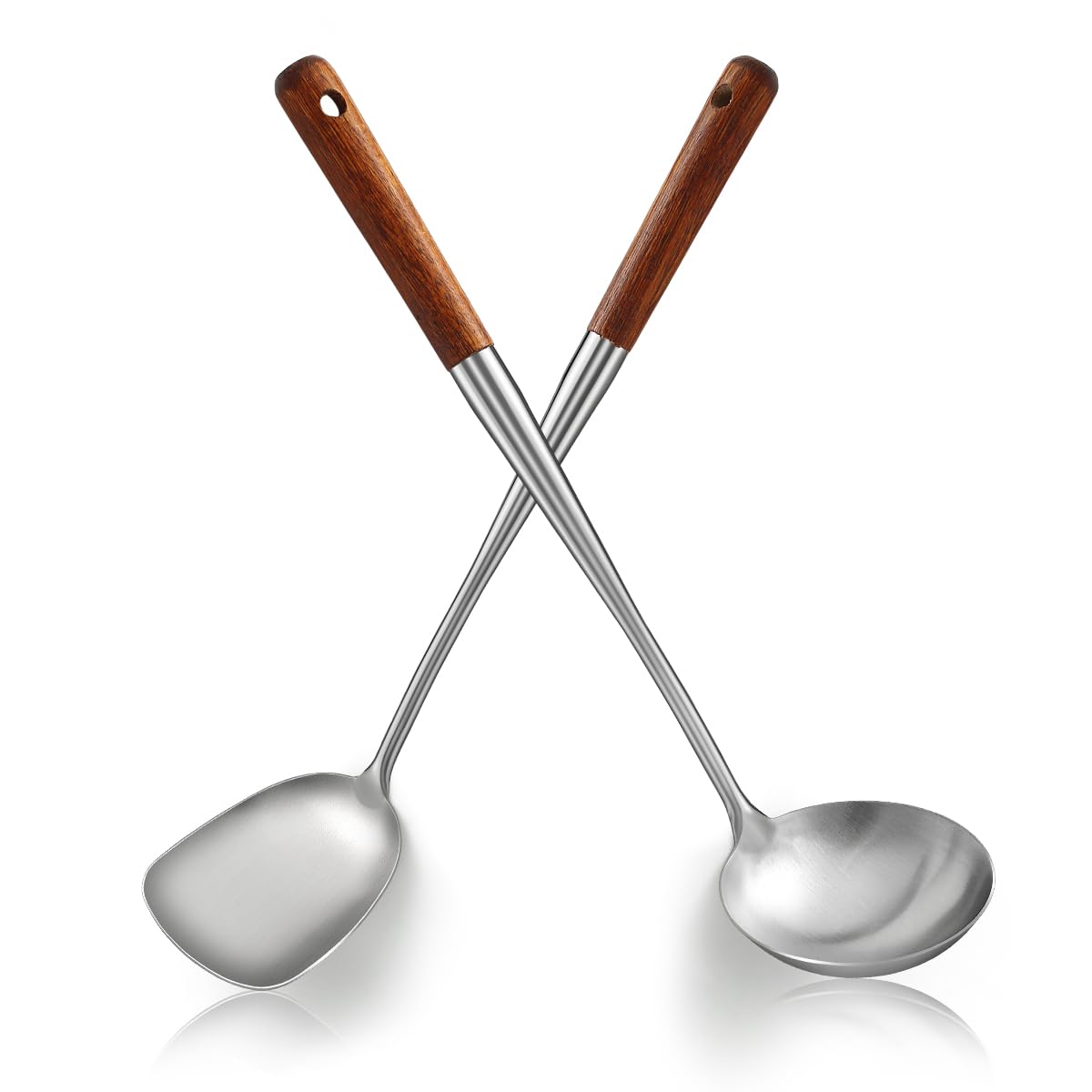 ReaNea 17 Wok Spatula & Ladle Set, Stainless Steel Wok Tools with Wooden Handle, HeatResistant Chinese Turner & Deep Soup La