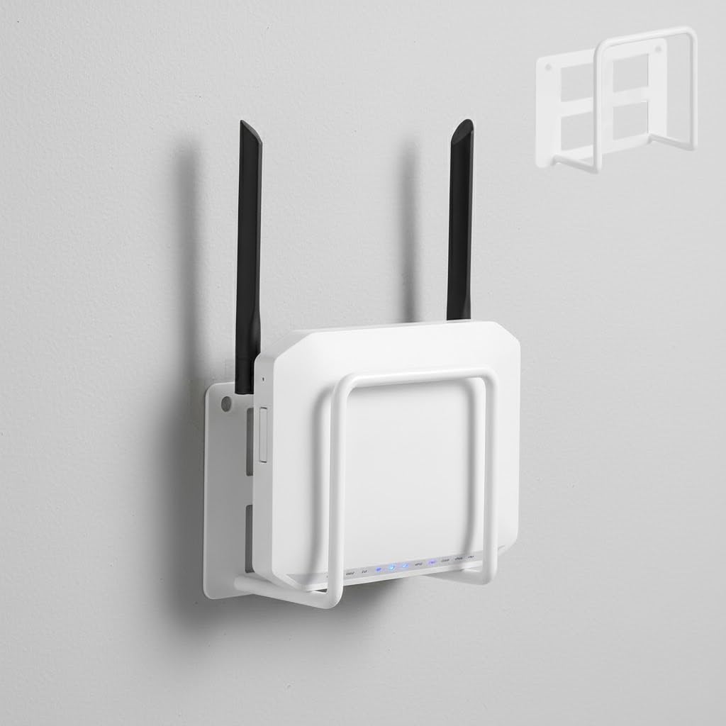 Hasthip Wall Wifi Router Mount Bracket, Minimalist White Metal Wire Wall Wifi Holder Organizer, No Drill Installation, Ideal For