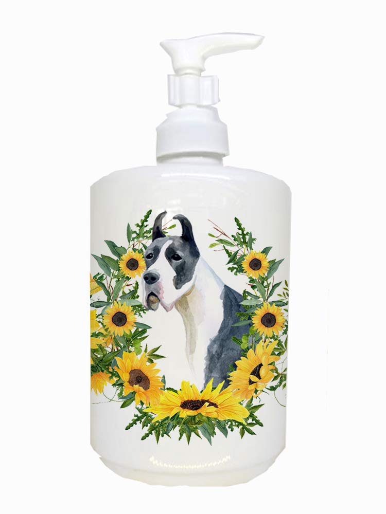 Caroline'S Treasures Ck2835Soap Harlequin Great Dane In Sunflowers Ceramic Soap Dispenser Hand Soap Dispenser Pump Bottles For B