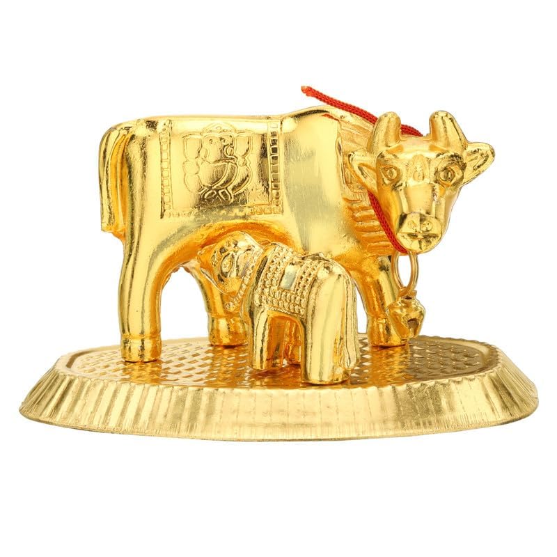 Haridwardivine Kamadhenu Cow With Lakshmi Ganesh/Satyakama Gaumata Idol With Lakshmi Ganesh- Golden (9Cm)