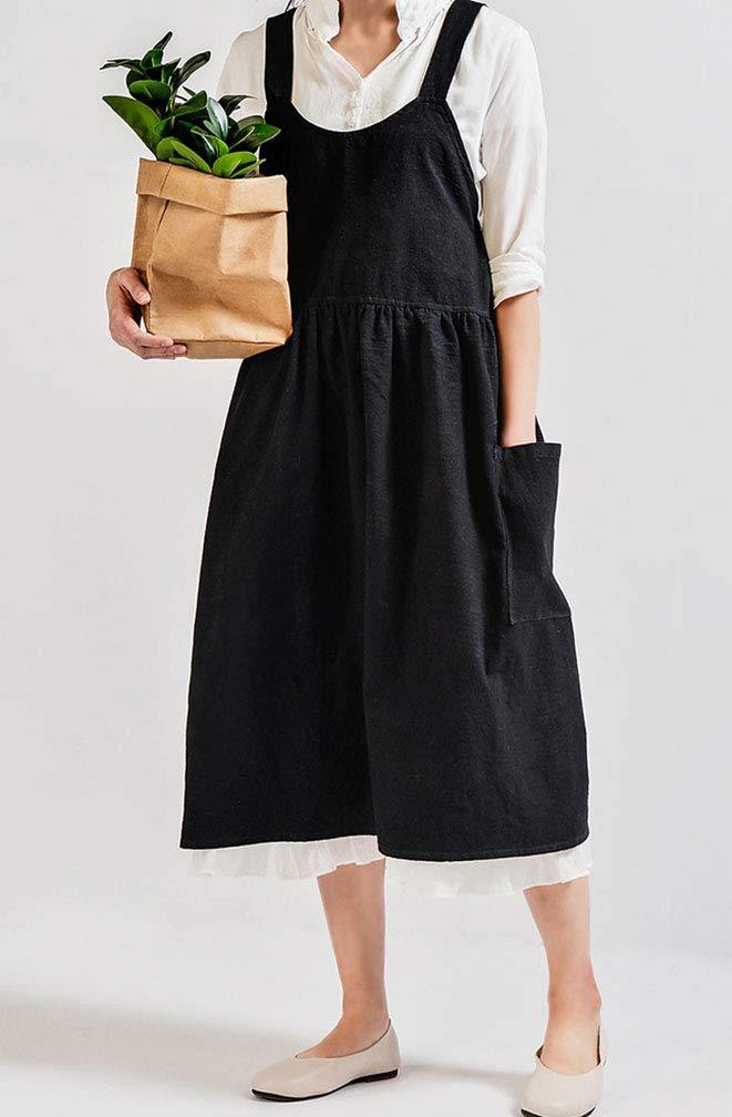 Women Girls Vintage Cute Apron Gardening Works Cross Back Cotton/Linen Blend Aprons Pinafore Dress With Two Pockets (Black)